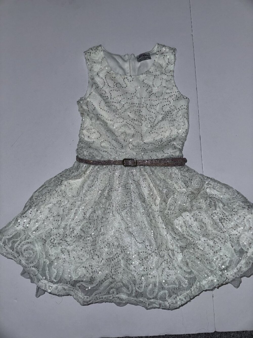 Girls Knit Works Boutique Ivory & Gold Sparkle Dress with belt Size 6